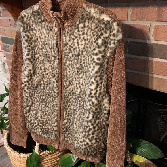 Vtg L Chenille Animal Print Faux Fur Sweater Jacket - Picture 9 of 12